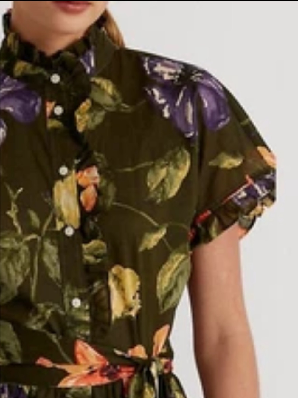 Lauren Ralph Lauren Olive Green Floral Short Dress with Orange & Purple Blooms 0 - Picture 2 of 13